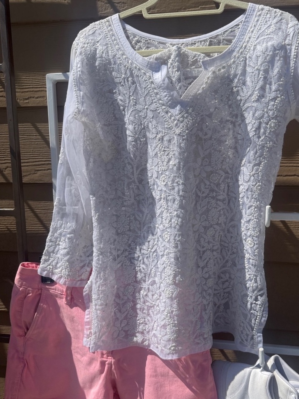 White Elegant Sheer New  Embroidered V-Neck Blouse - Women M
